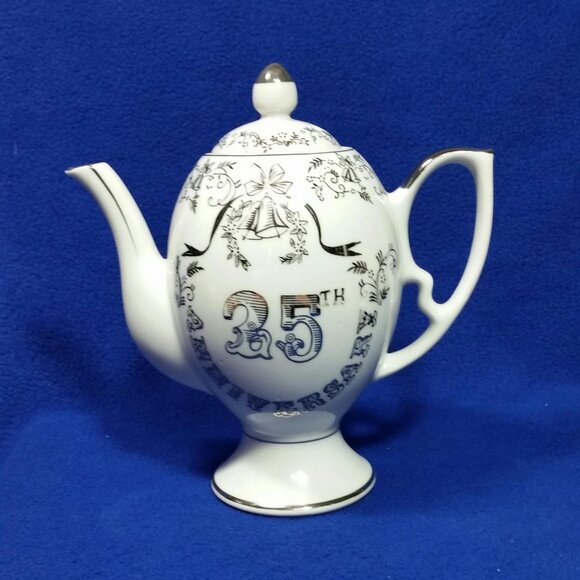 Vintage White and Silver 25th Anniversary Teapot Made in Japan Pre-Owned - Picture 1 of 10